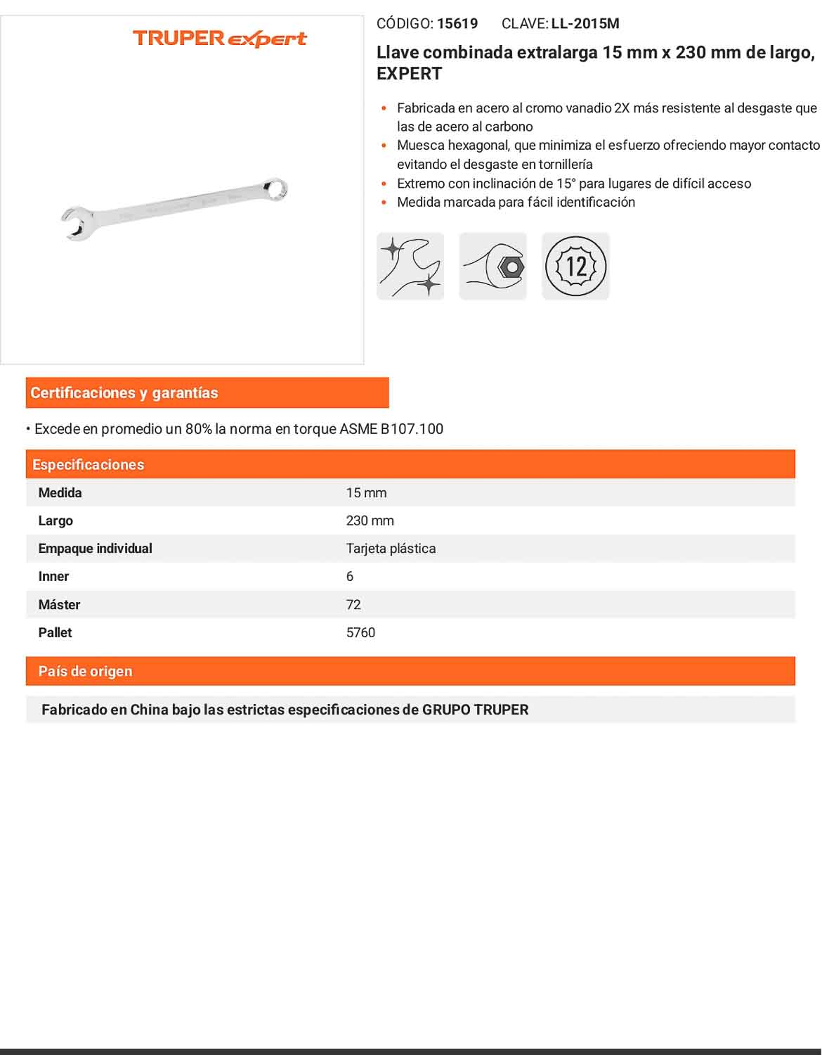 Llave combinada extralarga 15 mm con muesca hexagonal