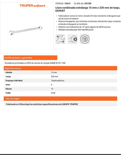Llave combinada extralarga 15 mm con muesca hexagonal