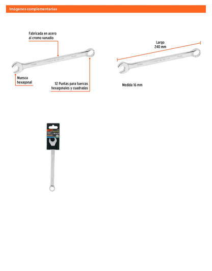 Llave combinada extralarga 16 mm con muesca hexagonal