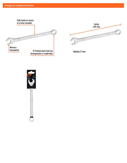 Llave combinada extralarga 17 mm con muesca hexagonal