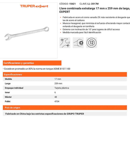 Llave combinada extralarga 17 mm con muesca hexagonal