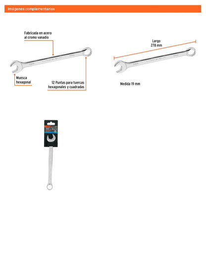 Llave combinada extralarga 19 mm con muesca hexagonal