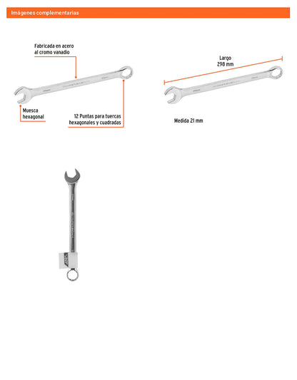 Llave combinada extralarga 21 mm con muesca hexagonal