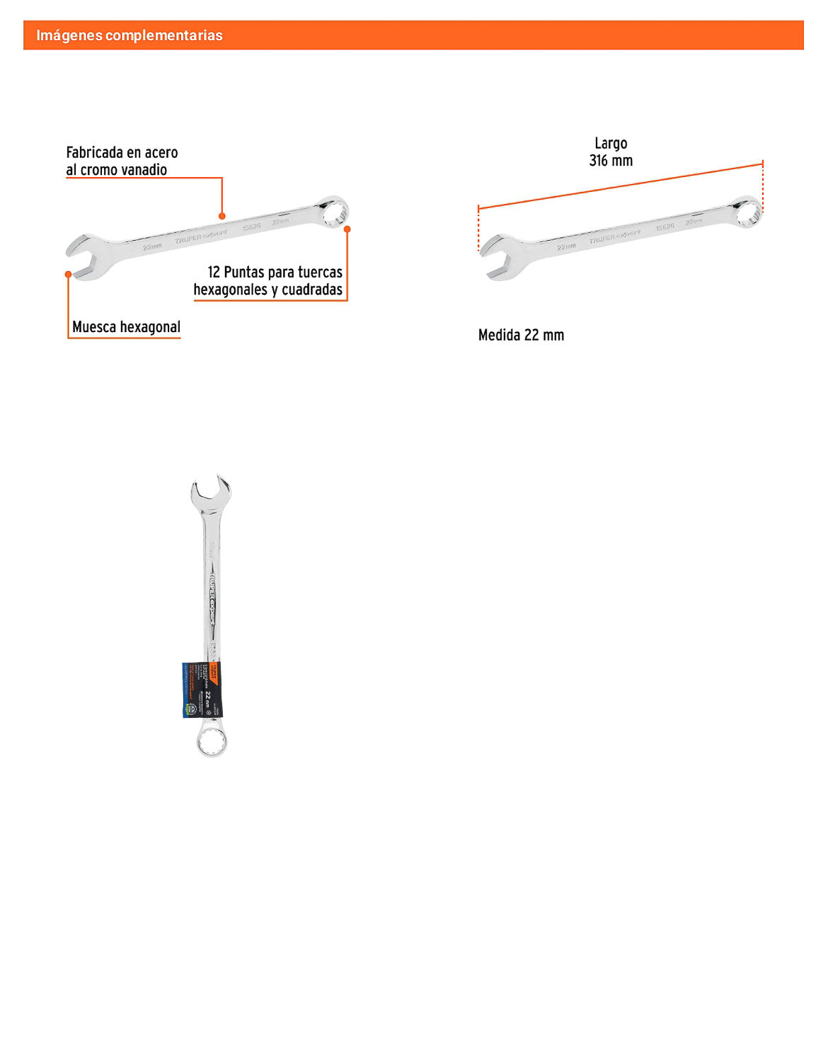 Llave combinada extralarga 22 mm con muesca hexagonal