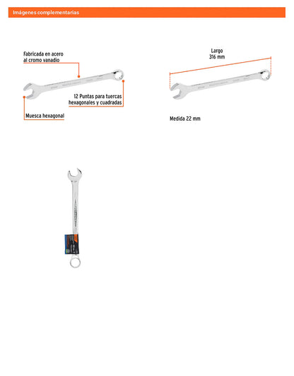 Llave combinada extralarga 22 mm con muesca hexagonal