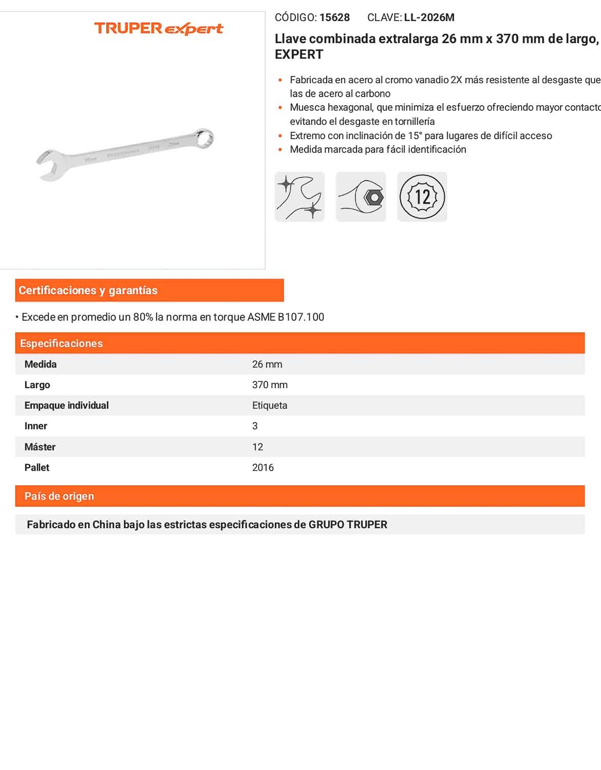 Llave combinada extralarga 26 mm con muesca hexagonal