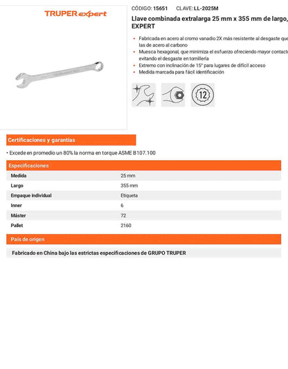 Llave combinada extralarga 25 mm con muesca hexagonal