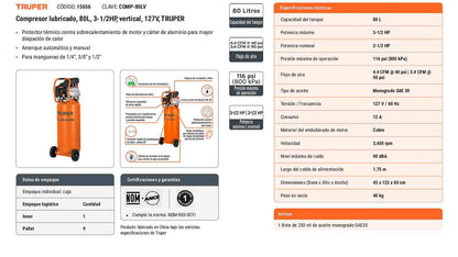 Compresor lubricado 80 L vertical 3-1/2 HP