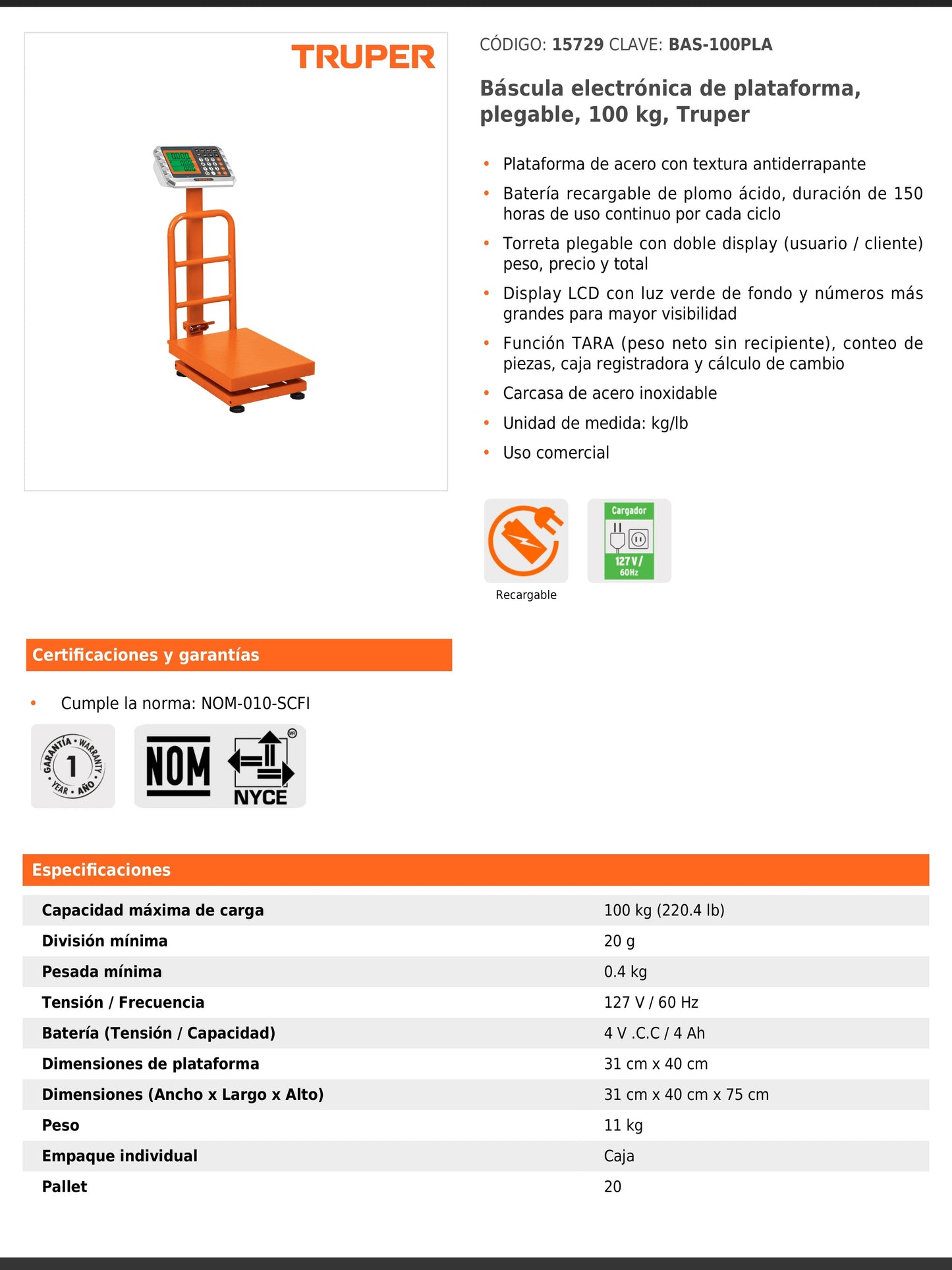 Báscula electrónica de plataforma plegable de 100 kg
