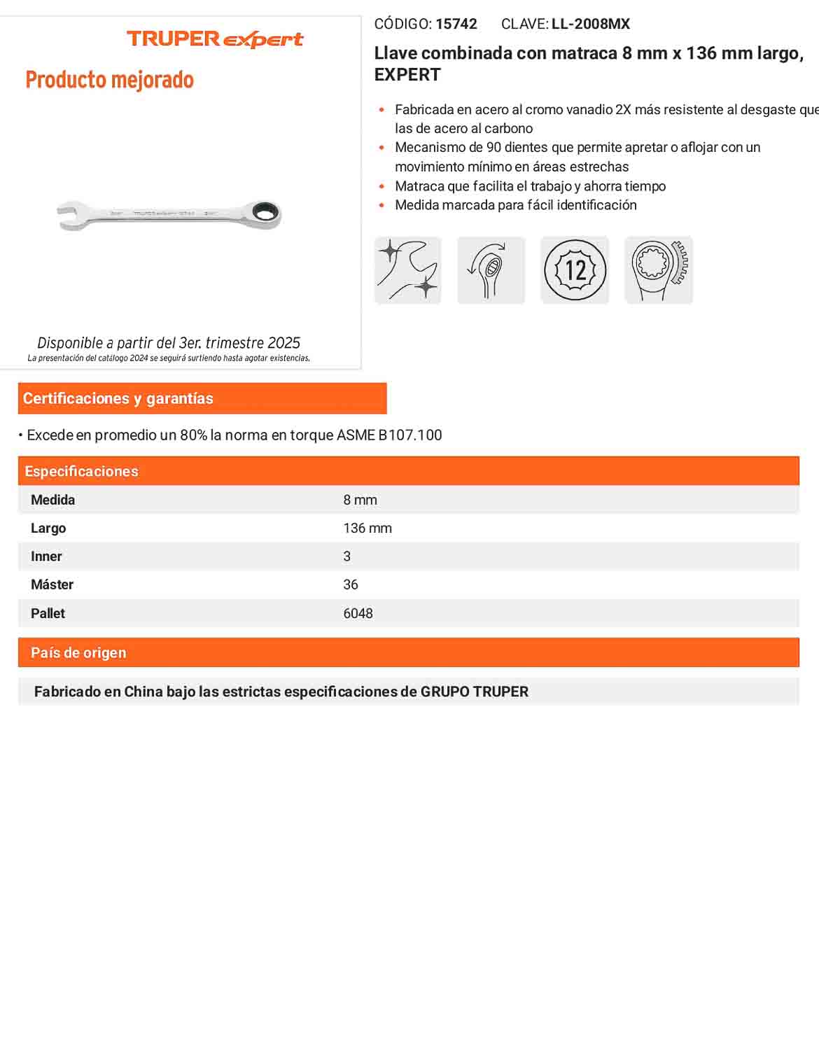 Llave combinada con matraca 8 mm