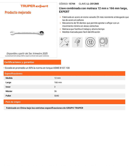 Llave combinada con matraca 12 mm