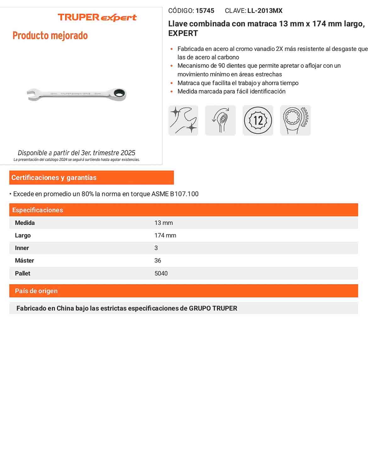 Llave combinada con matraca 13 mm