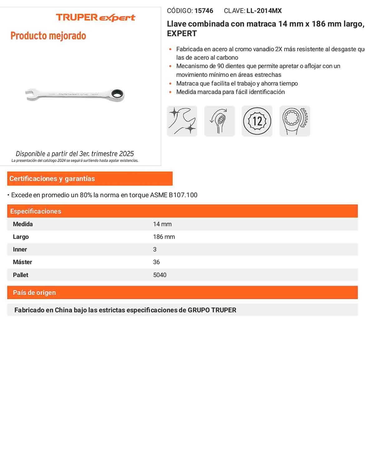 Llave combinada con matraca 14 mm