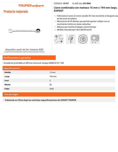 Llave combinada con matraca 15 mm