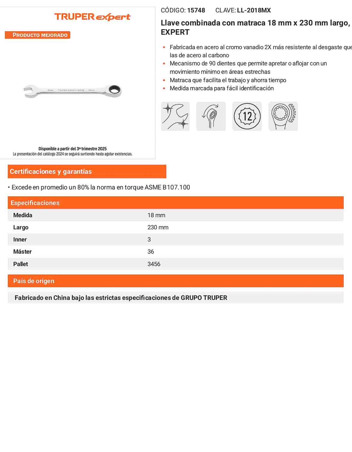 Llave combinada con matraca 18 mm
