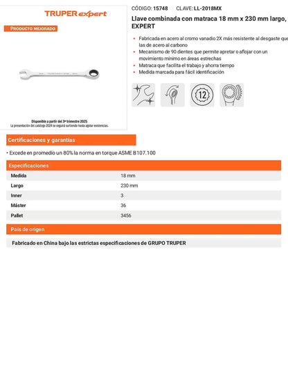 Llave combinada con matraca 18 mm