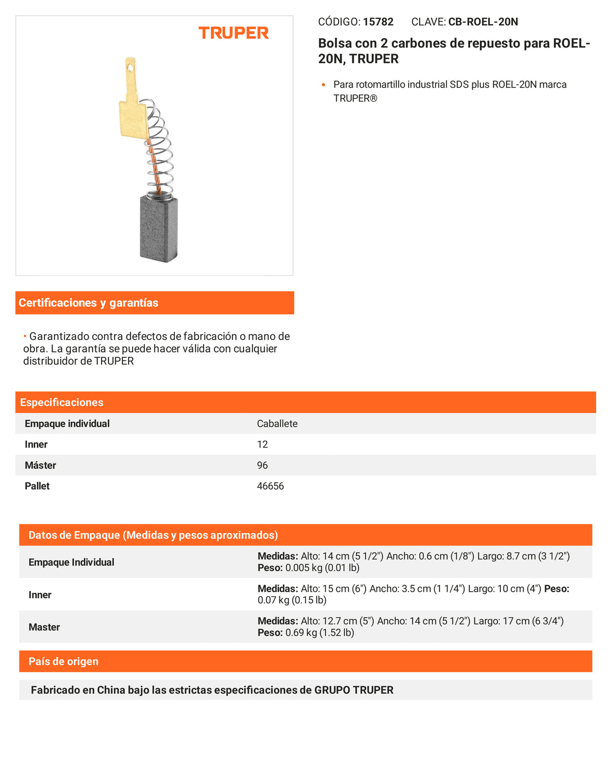 Ficha tecnica - 2 carbones para ROEL-20N - SKU 15782