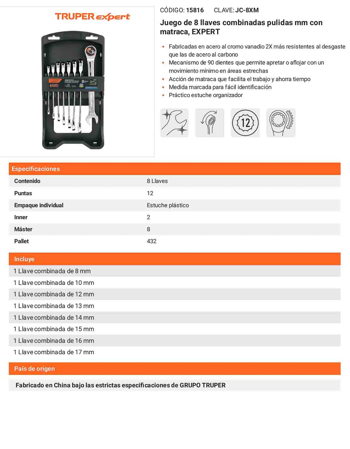 Juego de 8 llaves combinadas mm con matraca