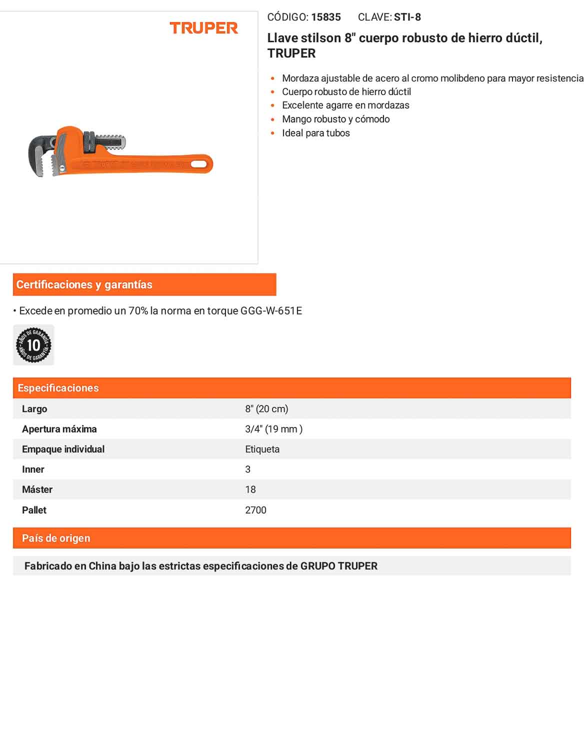 Llave stilson 8 pulg con cuerpo de hierro ductil