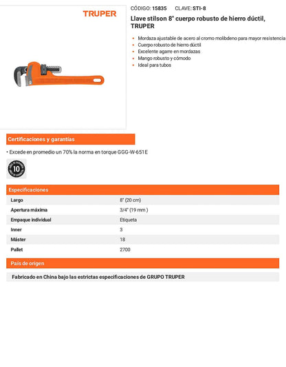 Llave stilson 8 pulg con cuerpo de hierro ductil