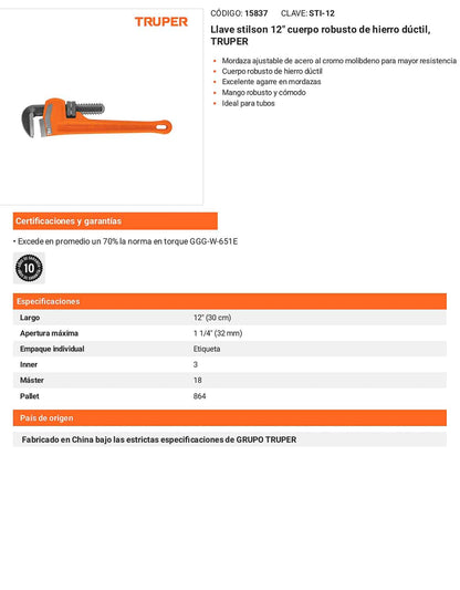 Llave stilson 12 pulg con cuerpo de hierro ductil