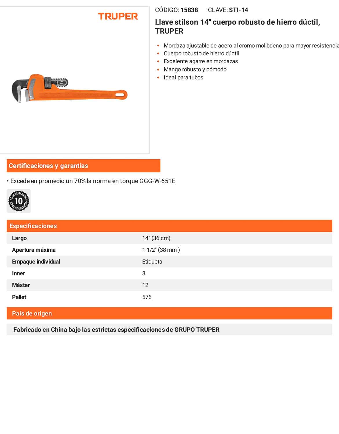 Llave stilson 14 pulg con cuerpo de hierro ductil