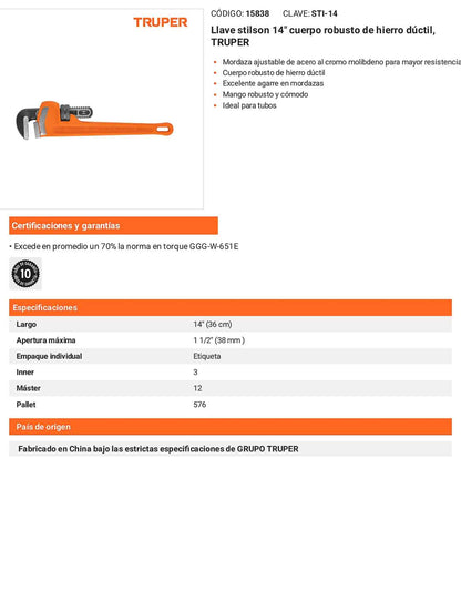 Llave stilson 14 pulg con cuerpo de hierro ductil