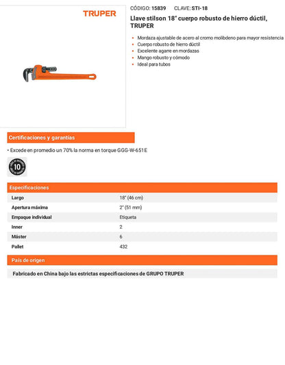 Llave stilson 18 pulg con cuerpo de hierro ductil