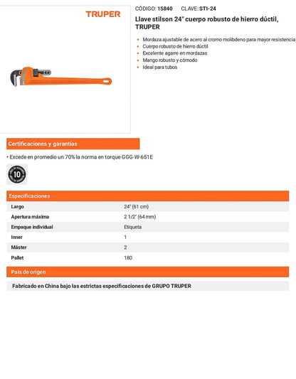 Llave stilson 24 pulg con cuerpo de hierro ductil