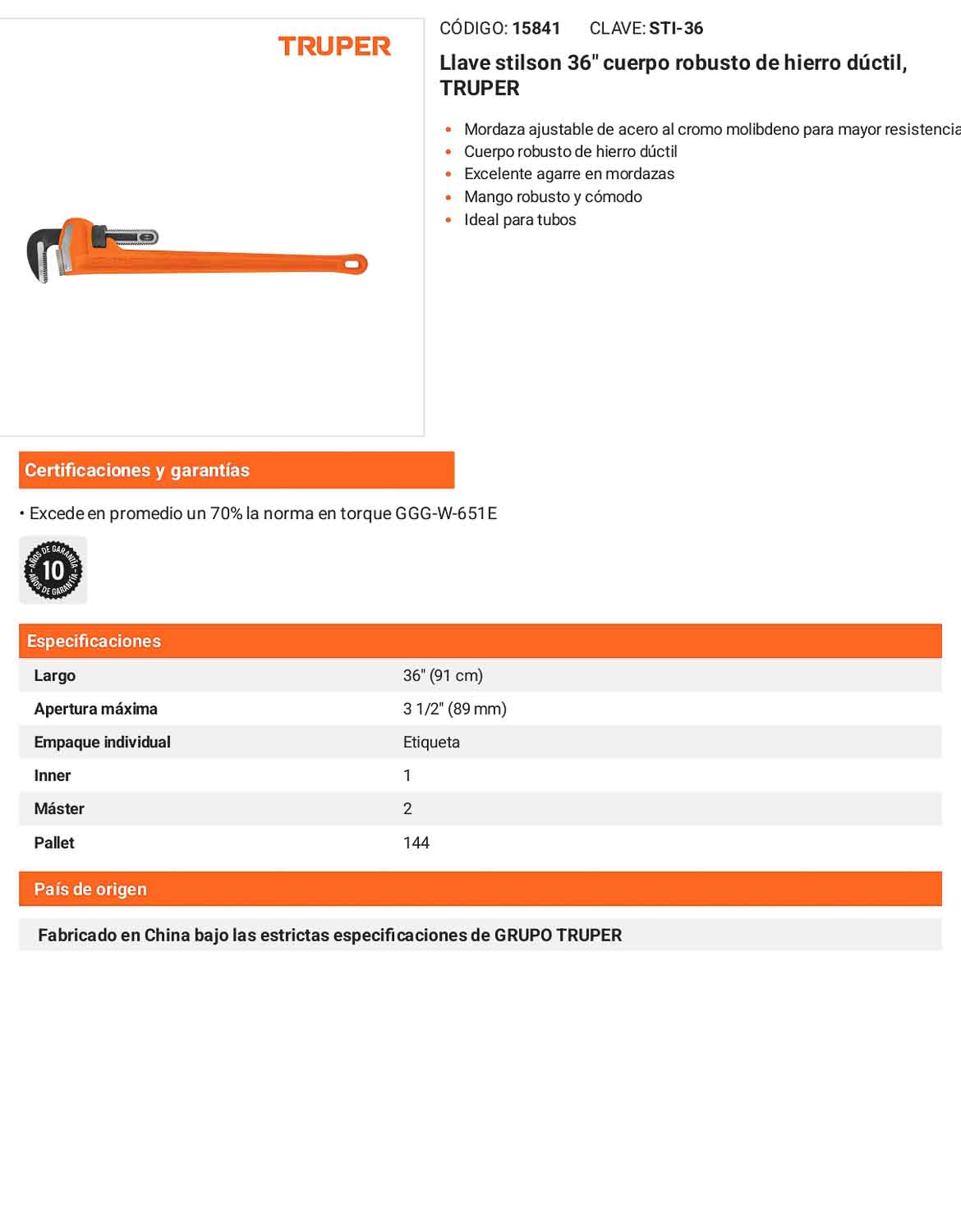 Llave stilson 36 pulg con cuerpo de hierro ductil