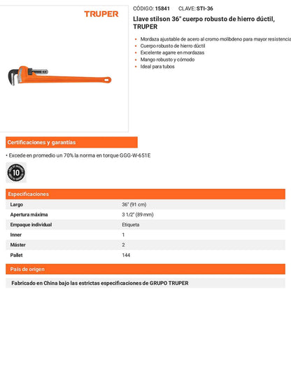 Llave stilson 36 pulg con cuerpo de hierro ductil