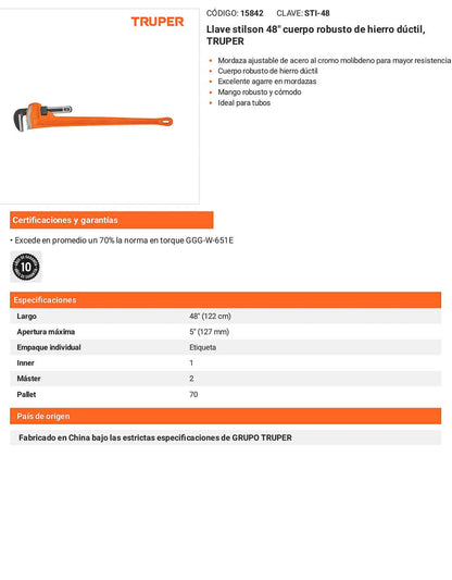 Llave stilson 48 pulg con cuerpo de hierro ductil