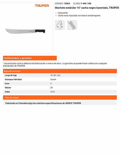 Machete Estándar 16 pulg Cacha Negra
