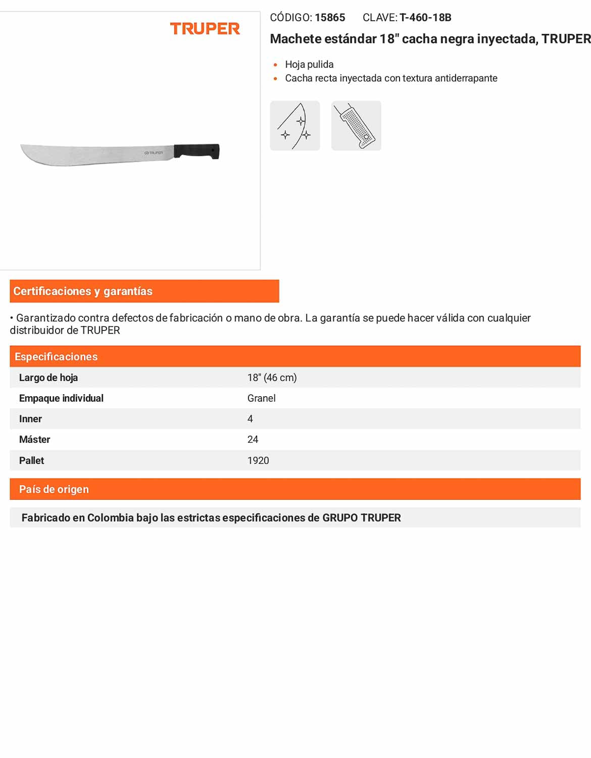 Machete Estándar 18 pulg Cacha Negra