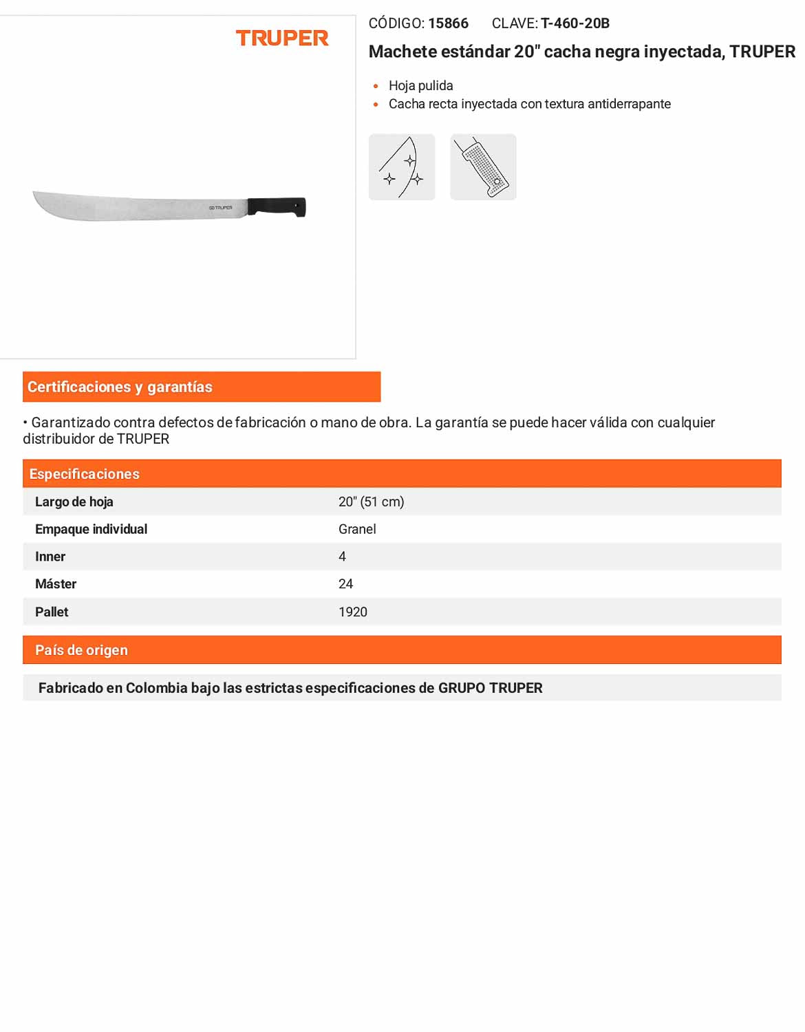Machete Estándar 20 pulg Cacha Negra