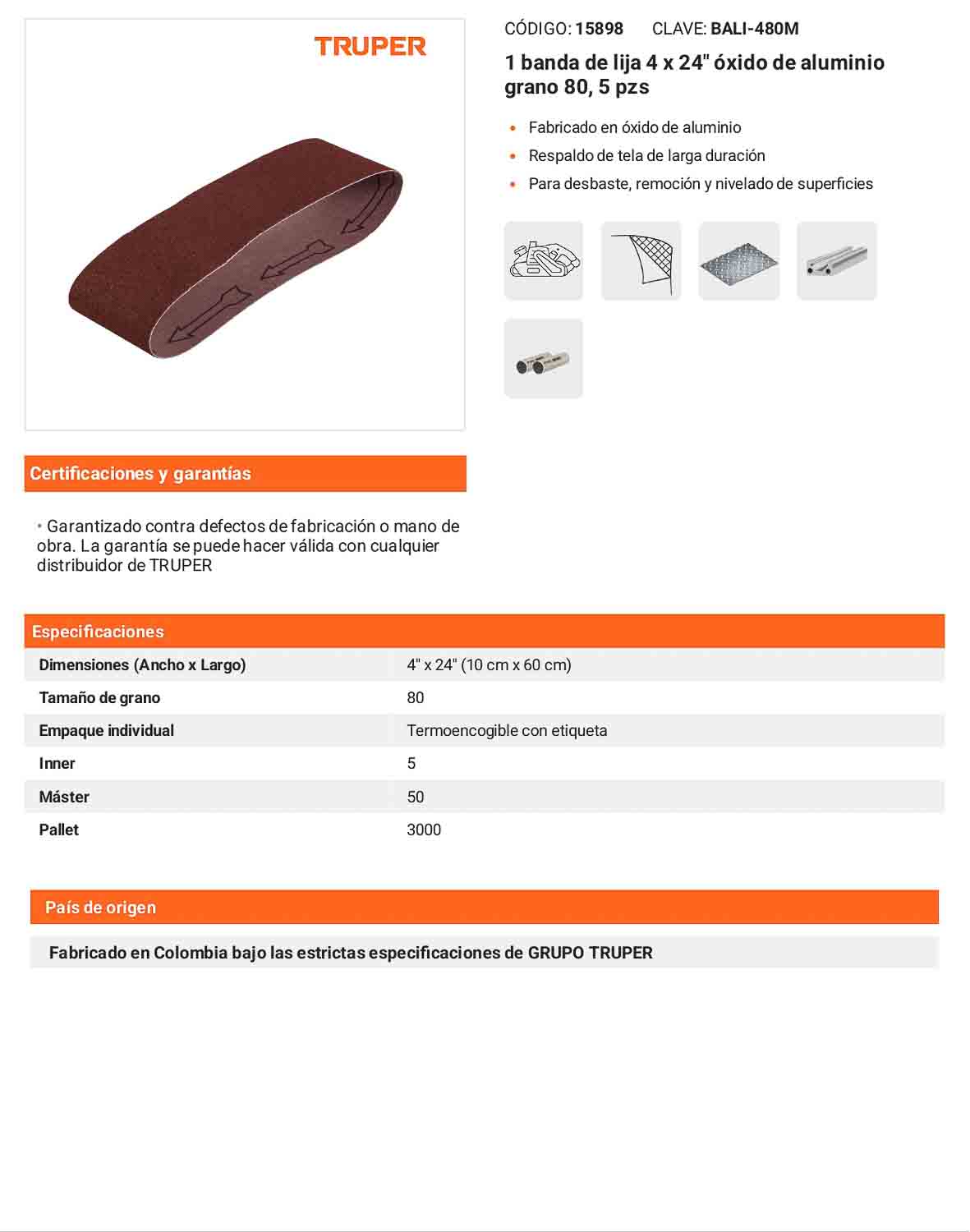Banda de lija 4x24 pulg grano 80
