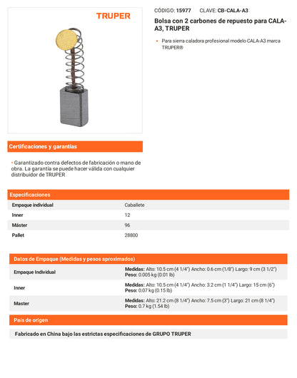 Ficha tecnica - 2 carbones para CALA-A3 - SKU 15977