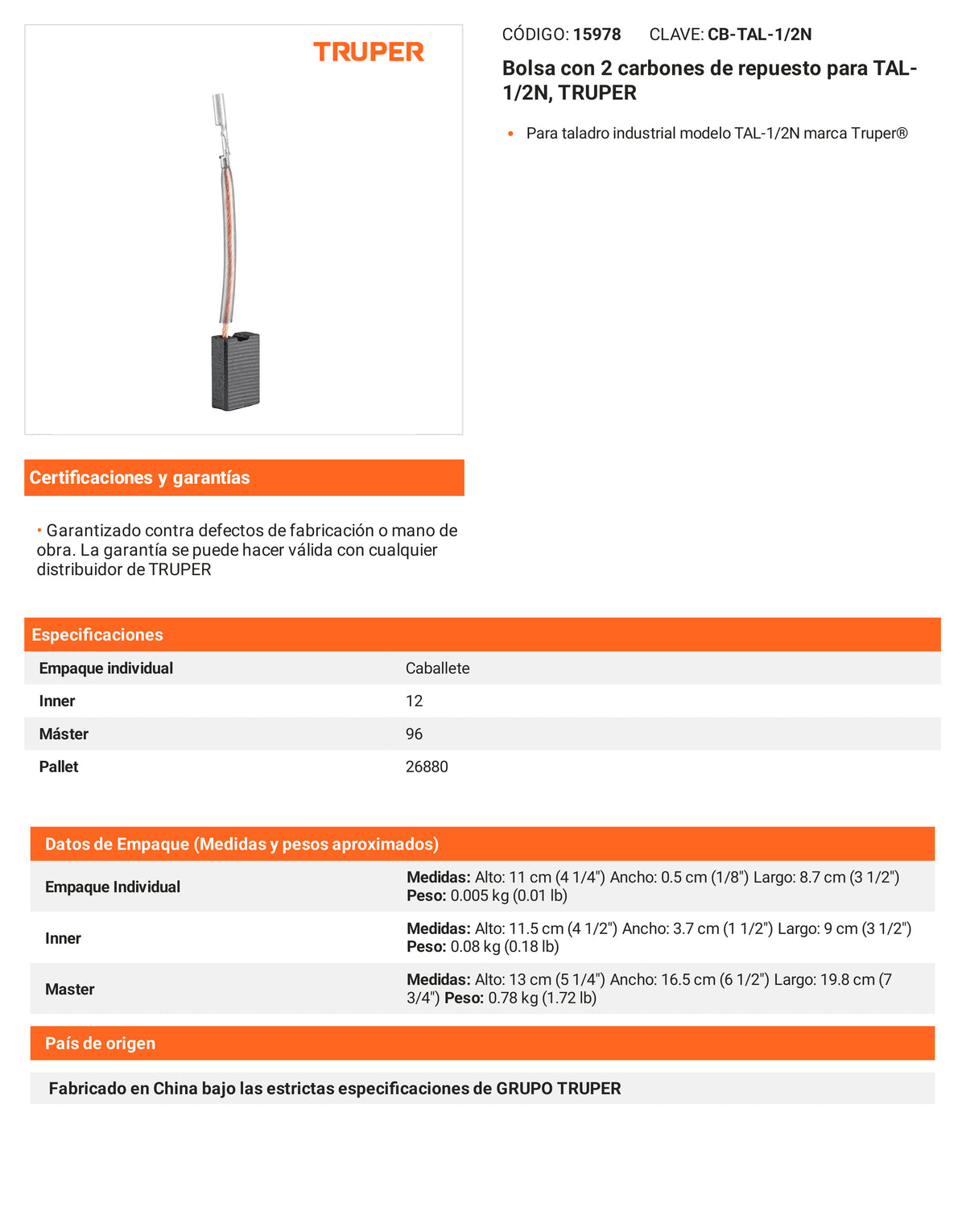Ficha tecnica - 2 carbones para TAL-1/2N - SKU 15978