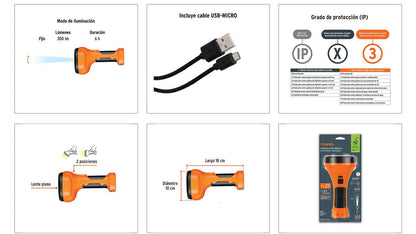 Linterna plástica LED 300 lm recargable