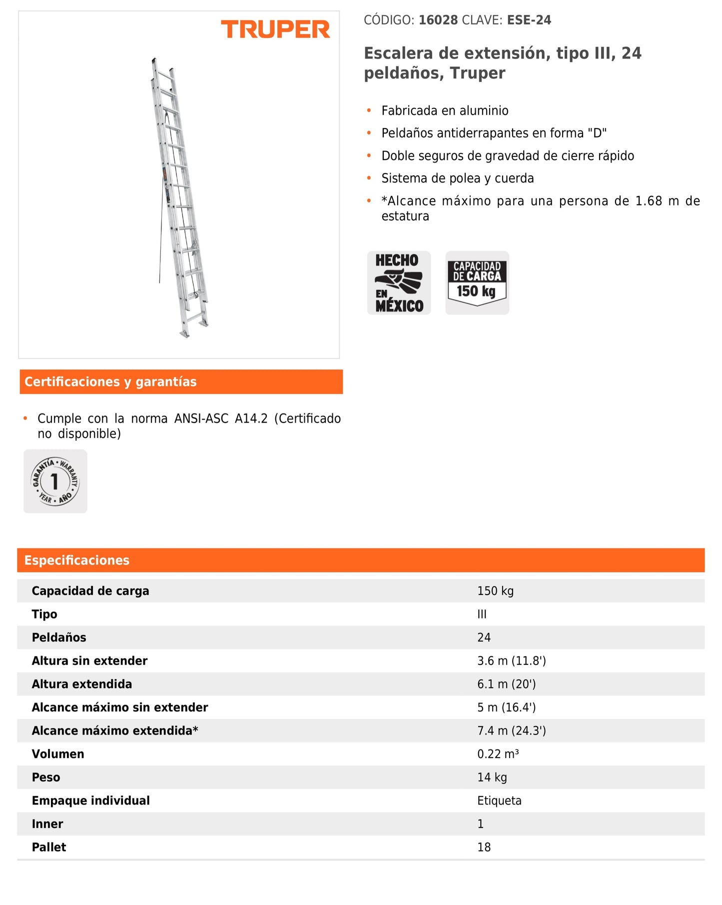 Escalera de extensión tipo III de 24 peldaños con polea y cuerda