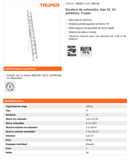 Escalera de extensión tipo III de 24 peldaños con polea y cuerda
