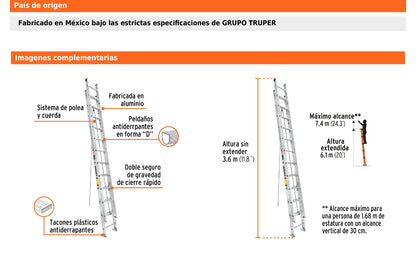 Escalera de extensión tipo III de 24 peldaños con polea y cuerda