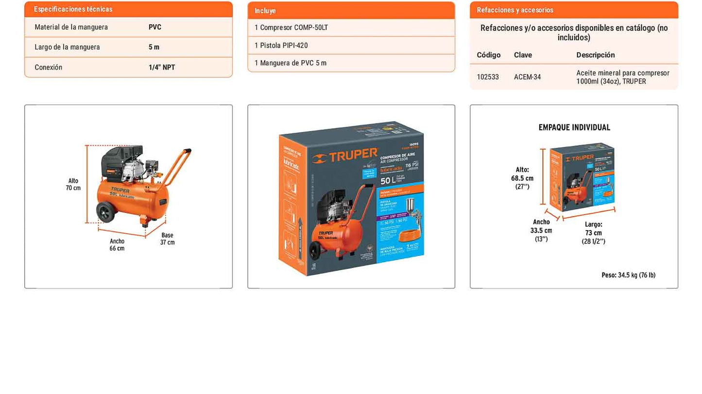 Kit compresor 50 L manguera y pistola
