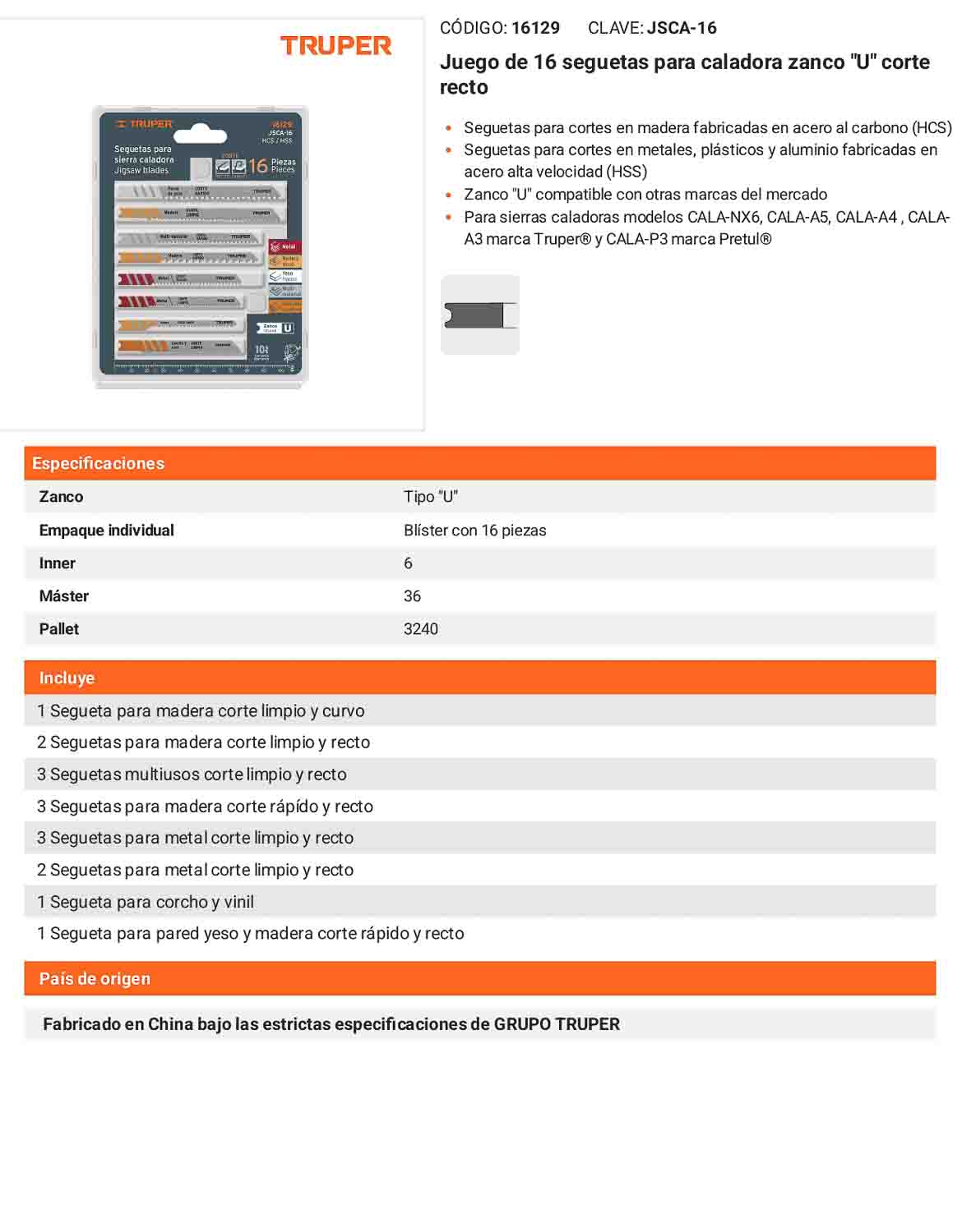 Juego de 16 seguetas para caladora zanco