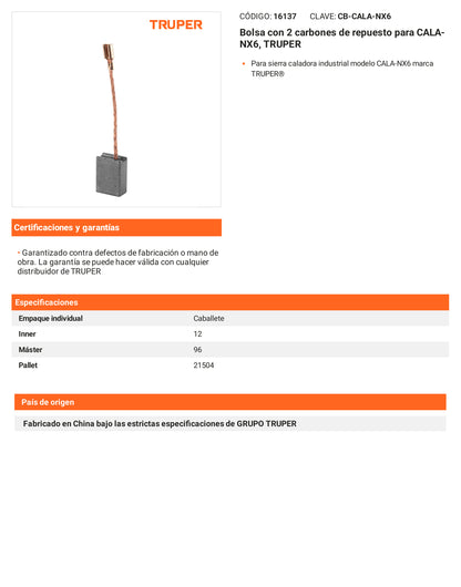 Ficha tecnica - 2 carbones para CALA-NX6 - SKU 16137