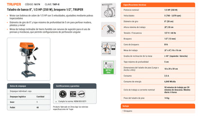 Ficha tecnica - Taladro de banco 8 pulg 1/3 HP 1/2 pulg - SKU 16174
