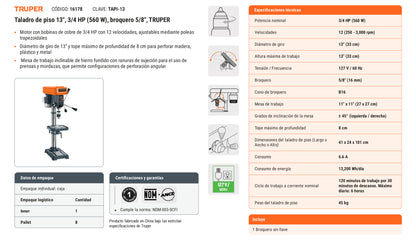 Ficha tecnica - Taladro de piso 13 pulg 3/4 HP 5/8 pulg - SKU 16178