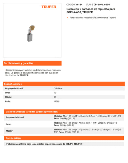 Ficha tecnica - 2 carbones para SOPLA-600 - SKU 16184