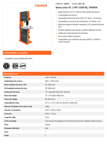Ficha tecnica - Sierra cinta 18 pulg 2 HP (1500 W) - SKU 16278