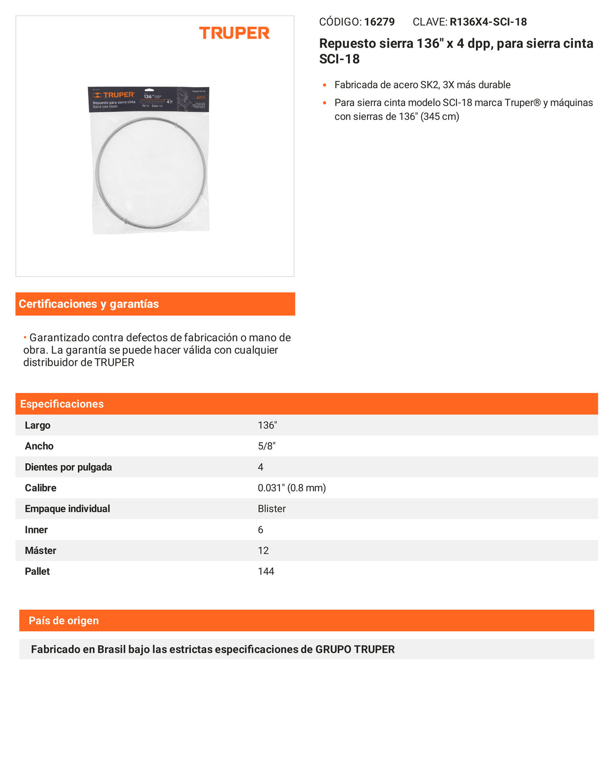 Ficha tecnica - Repuesto sierra 136 pulg x 4 dpp SCI-18 - SKU 16279